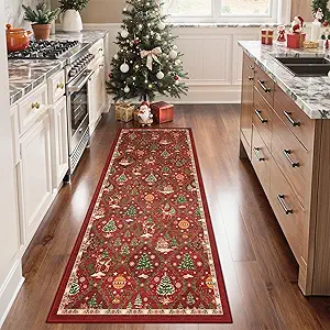 Madane Washable Christmas Runner Rug - 2x6 Red Rug Runners for Hallways 6 Foot Non Slip Vintage Kitchen Runner Ultra-Thin Bathroom Xmas Holiday Decor Carpet Laundry Room Bedroom