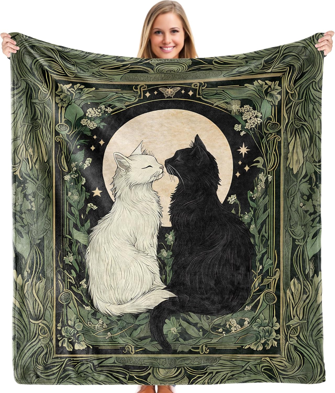 Cat Blanket, Cottagecore Floral Botanical Tarot Card Moon Black Cat Throw Blankets Gifts for Bed Couch Bedroom Living Room Decor, Pet Lover Gifts for Women, 50x60 Inches