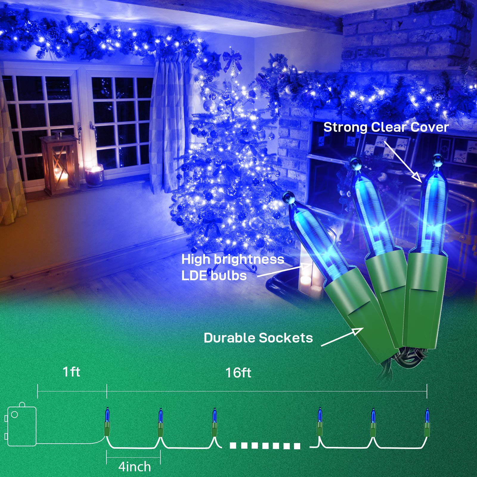 Niebieskie lampki świąteczne na baterie, 2 sztuki, 50 diod LED, wodoodporne, 4,9 m, łańcuch świetlny z 8 trybami, mini lampki choinkowe do wewnątrz, na zewnątrz, do ogrodu, na imprezę, dekoracje