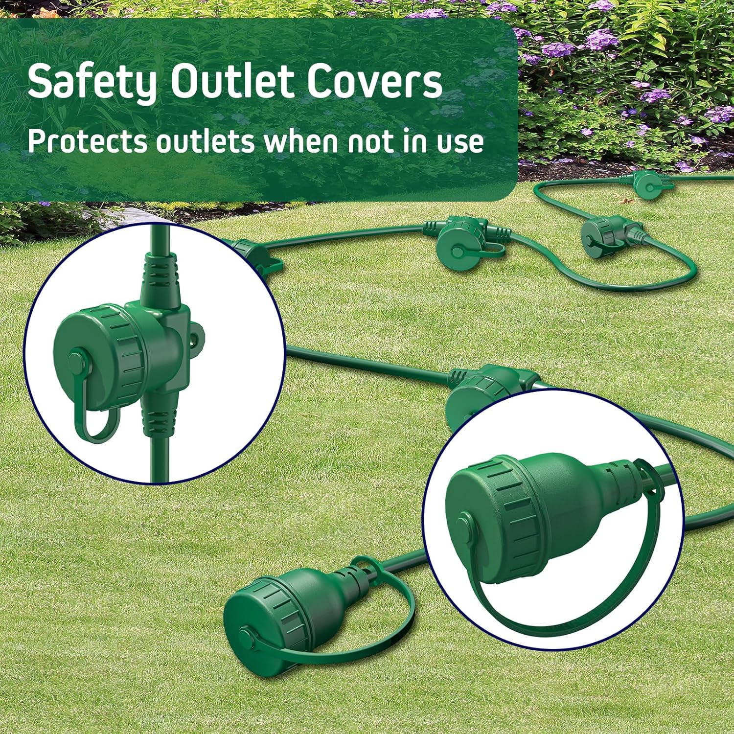50FT Green Outdoor Extension Cord, Evenly Spaced 6 Outlets Plugs with Waterproof Cover, 16/3 SJTW Weatherproof Multiple Outlets Wire for Holiday Light and Halloween Christmas Decoration, ETL Listed