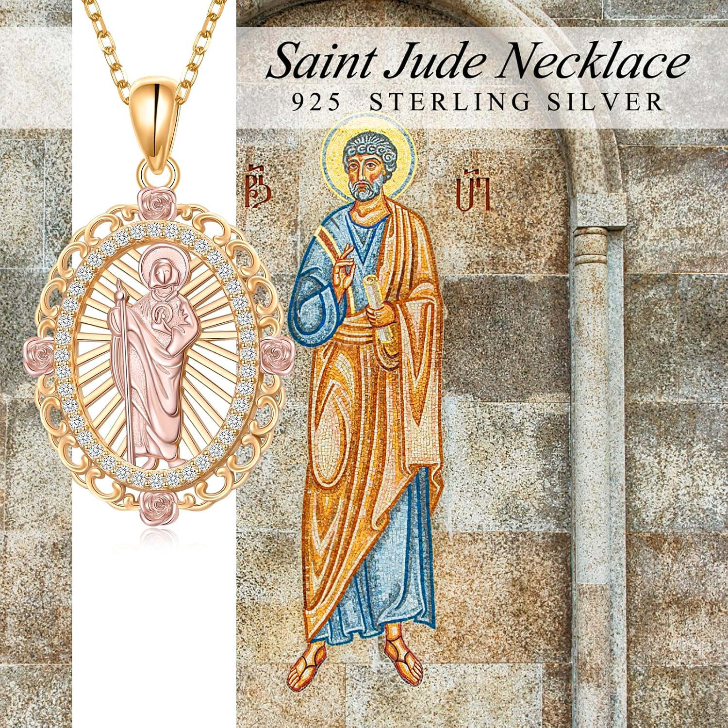 Alphm Virgin Mary/Saint Jude Necklace 925 Sterling Silver Gold Plated Virgen De Guadalupe/San Judas Tadeo Pendant Religious Jewelry for Women