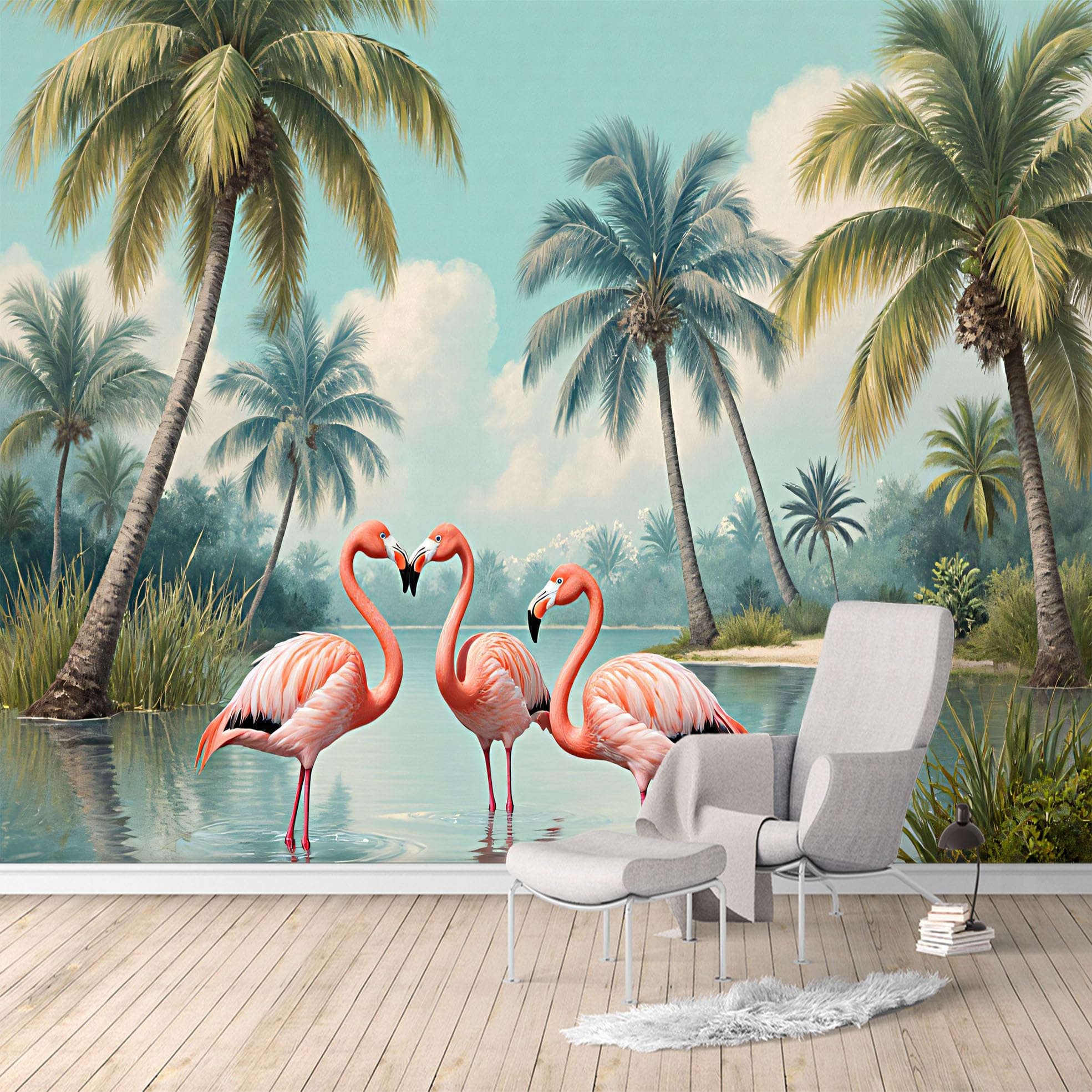 Custom Size Wall Murals,Tropical Flamingo Paradise with Palm Trees and Lagoon,SelfAdhesive Water Activated Removable Wall Covering,Large Photo Wallpaper for Living Room Bedroom Office