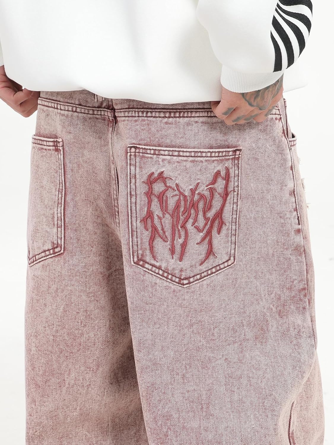 Mens Hip Hop Baggy Jeans Y2k Stylish Patch Embroidery Wide Leg Jeans Casual Skater Loose Fit Denim Pants - Image 5