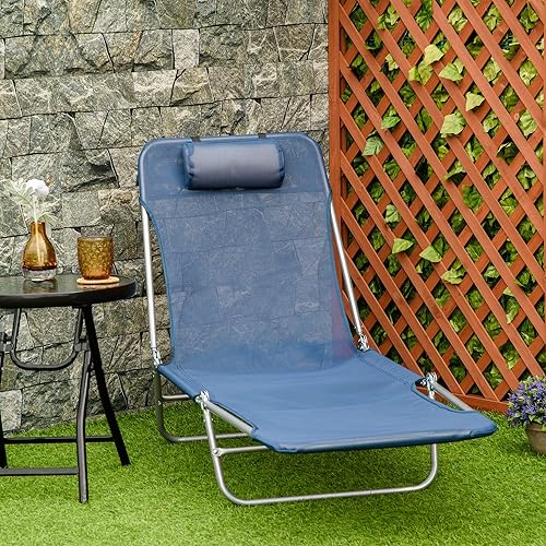Miniatura 2 de Outsunny Tumbona portátil, tumbona plegable ligera con respaldo ajustable y almohada para playa, piscina y patio, azul y plateado