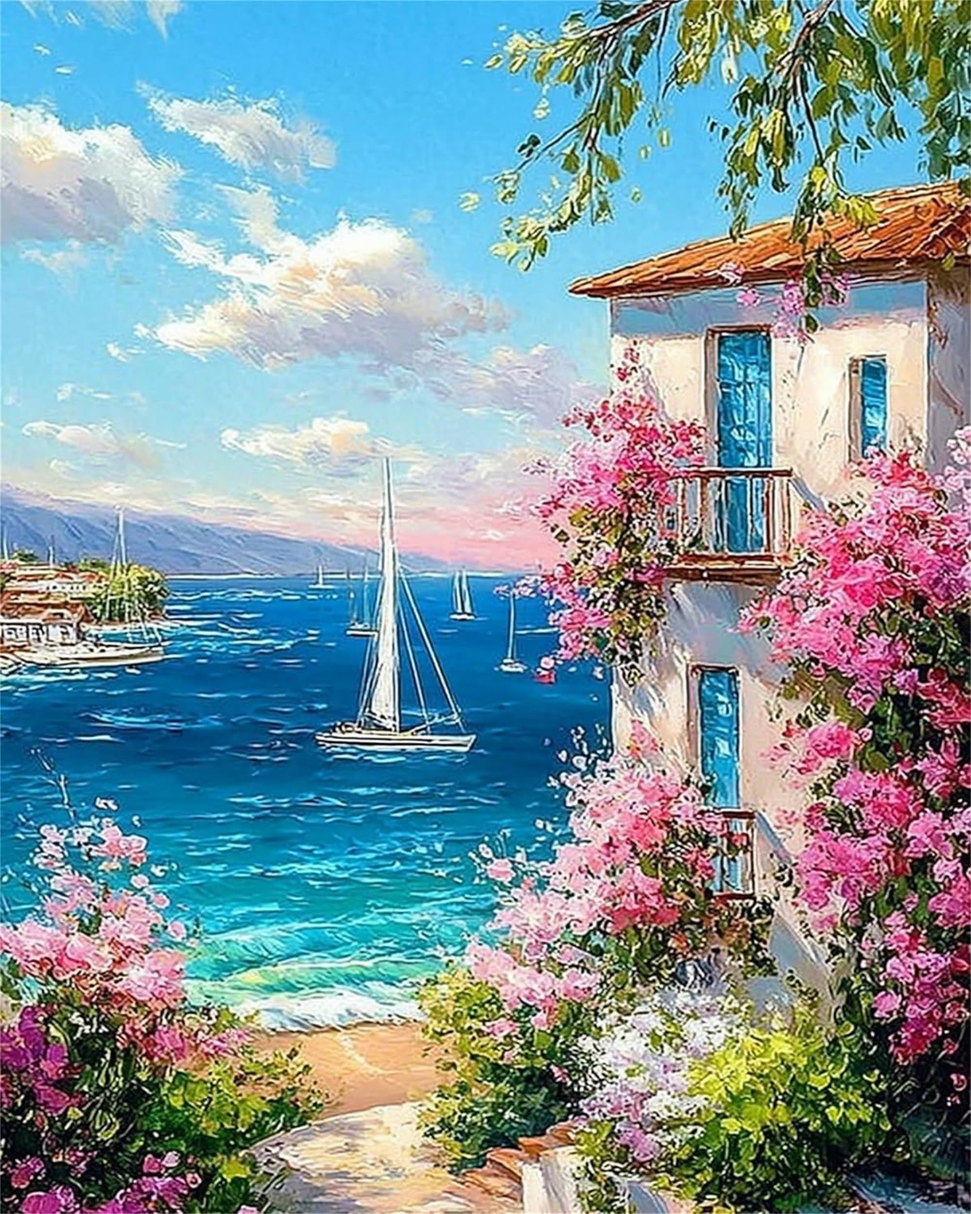 Hefeis Seaside House Adults Paint By Number Kits,Painting By Number Kits On Canvas,Large Color By Numbers Adult Watercolor Gifts For Friends Wall Decor (Seaside House)