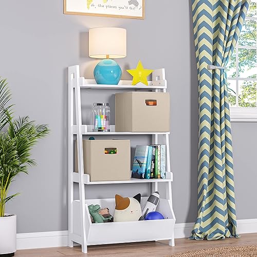 Miniatura 2 de RiverRidge Estante de escalera de 4 niveles de 24 pulgadas para niños con organizador de juguetes y 2 contenedores color gris pardo