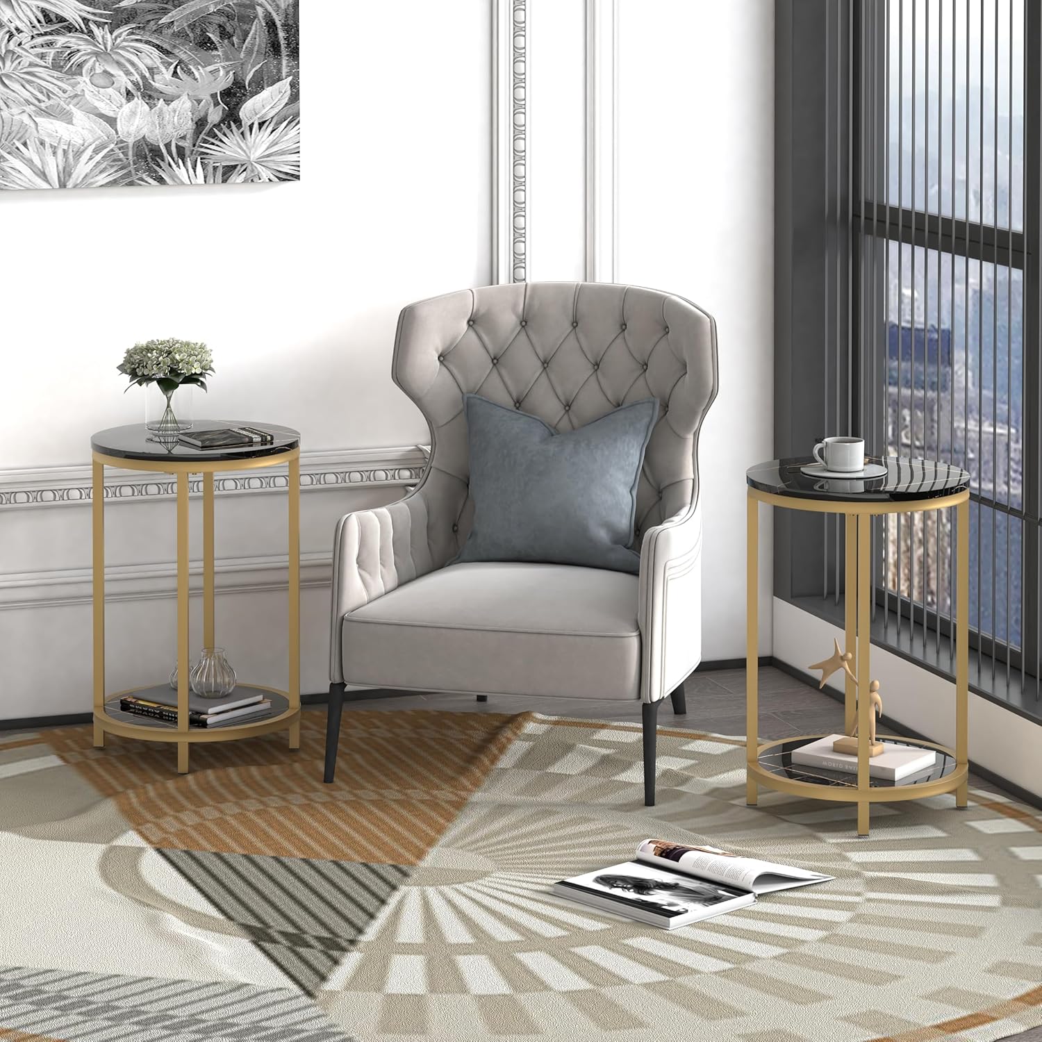 WiberWi Round Coffee Table Side Table Nesting Tables Set of 2, Large : Ø 33.5" Small : Ø 15.8", Modern Coffee Tables for Living Room, Gold Frame Circle Cocktail Table, High Glossy Faux Black Marble