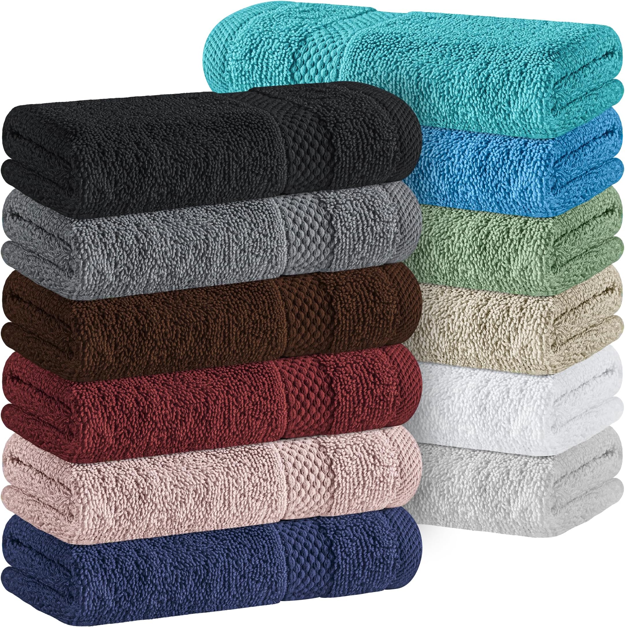Luxury Cotton Washcloths 13x13 Inch - 650 GSM Turkish Cotton | Hotel, Spa, Bathroom Face Towel | 12 Pack, Multicolor