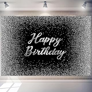 Happy Birthday Backdrops 12x8 FT Black and Silver Glitter Spots Happy Birthday Background Sign Cake Table Decorations Banner for Women Men Adults Kids Birthday Party Supplies