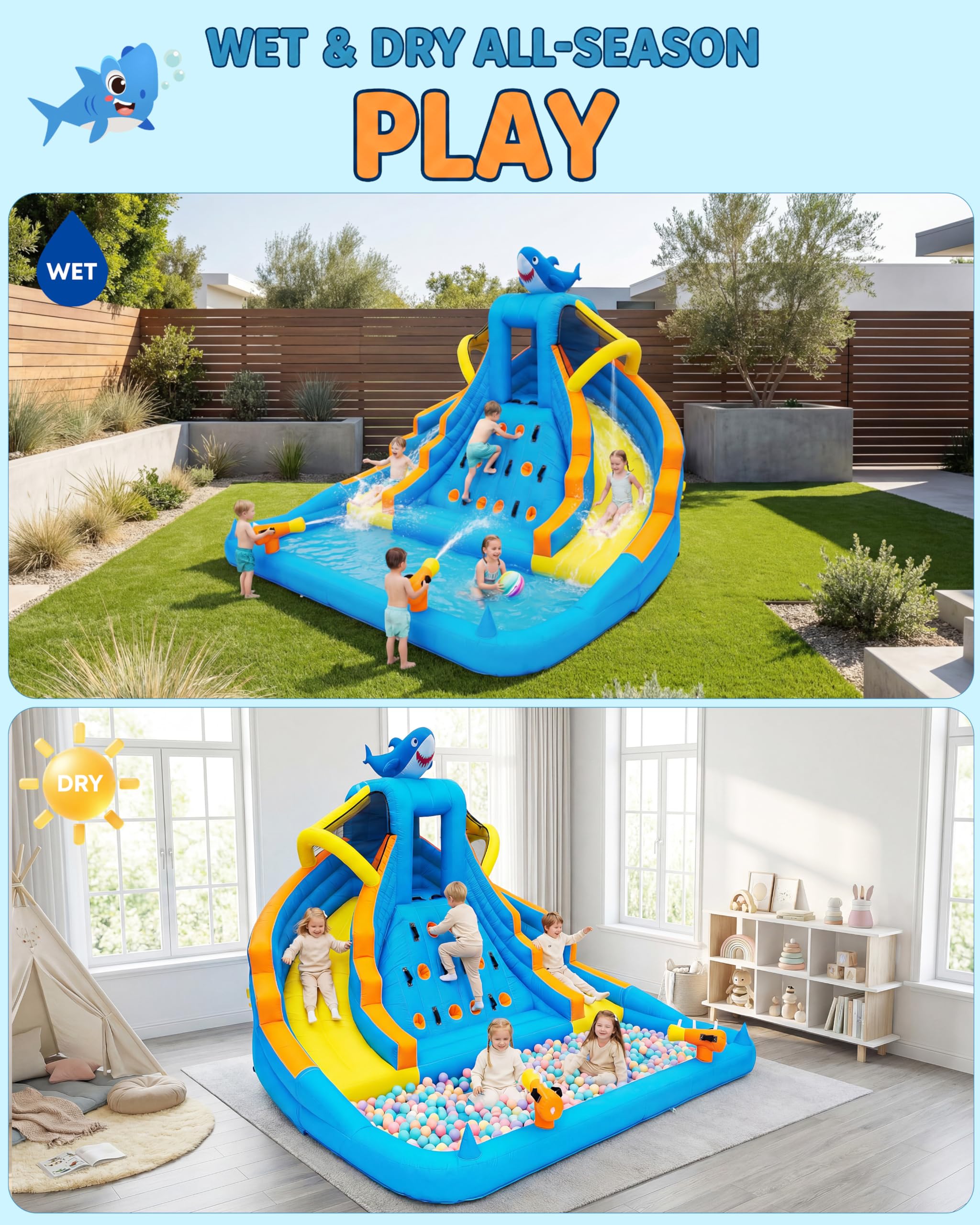Parque acuático inflable para niños, tobogán de doble carril al aire libre de 4 m con piscina de salpicaduras, pared de escalada, cañones de agua y soplador de 680 W, juego en el patio trasero para