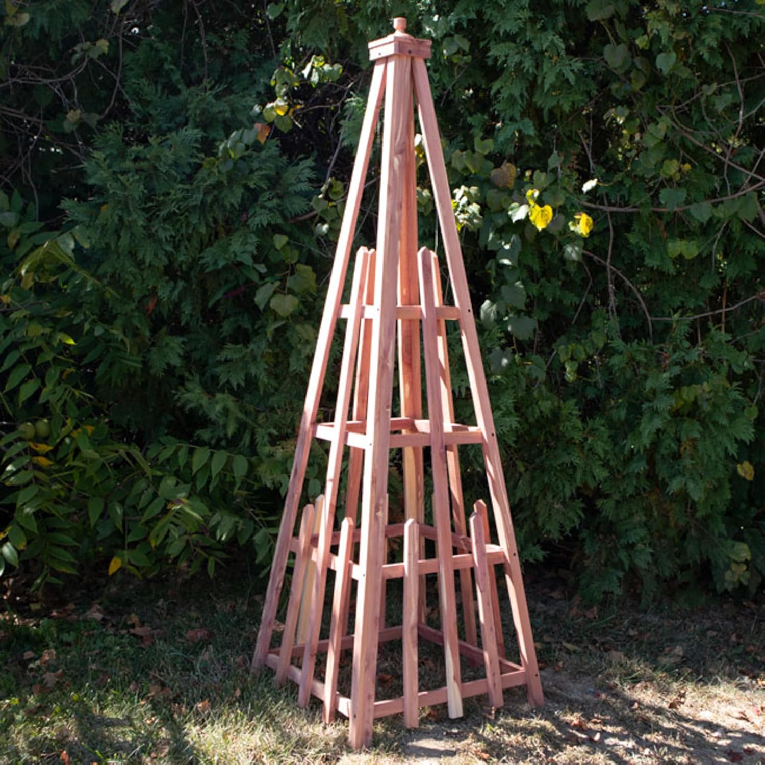 Amish‑Crafted 72" red cedar pyramid garden obelisk.