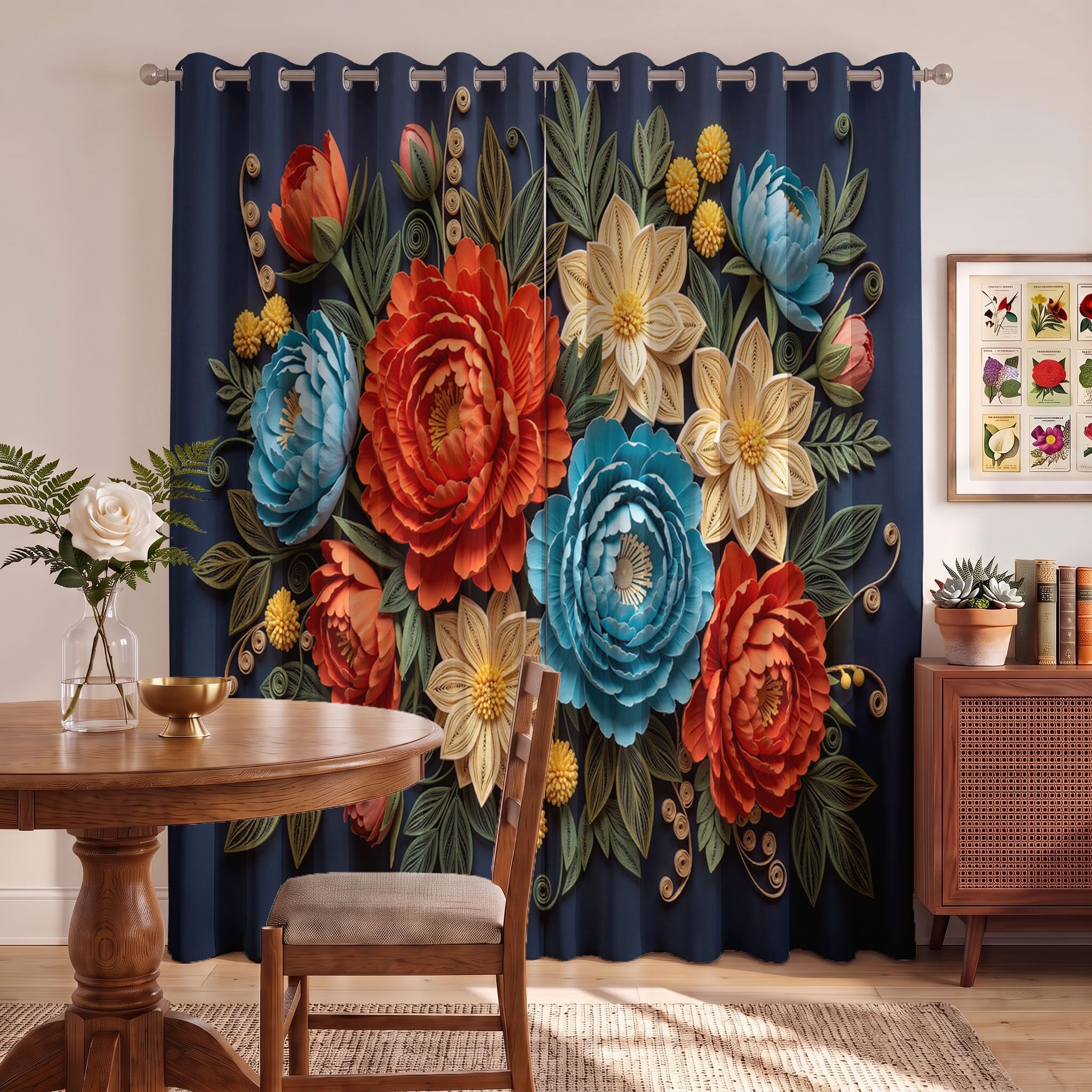 Rideaux Motif Texture De Relief Végétal 3D 75X166 Cm (Lxh), Lot De 2 | Pivoines Éclatantes Bleu Foncé Rideau Occultant, Thermiques, À Oeillets, Chambre, Salon, Draperies Intérieurs Fenetre