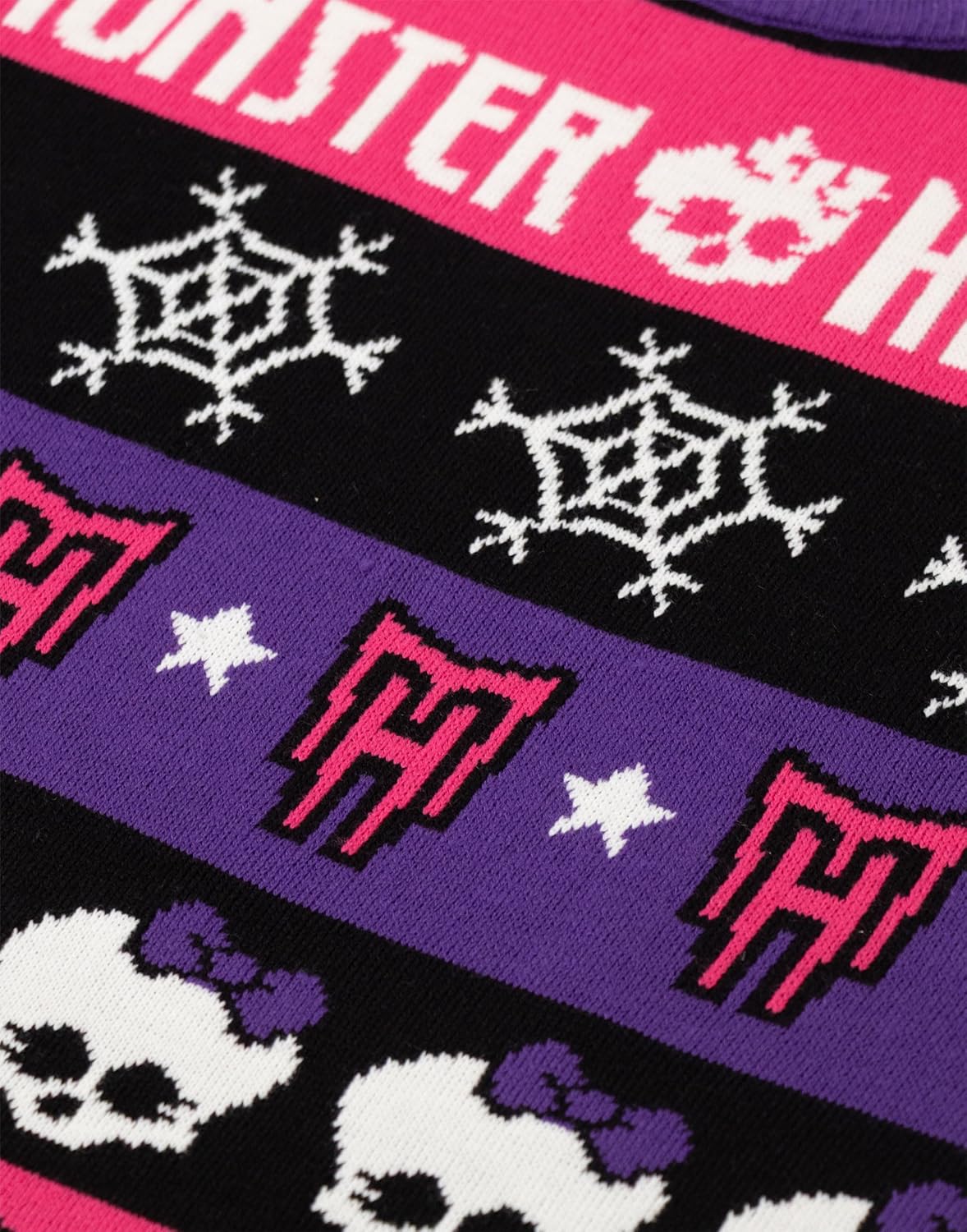 Monster High Girls Pink & Black Skull & Snowflake Fairisle Christmas Jumper | Long Sleeve Crew Neck Holiday Wear