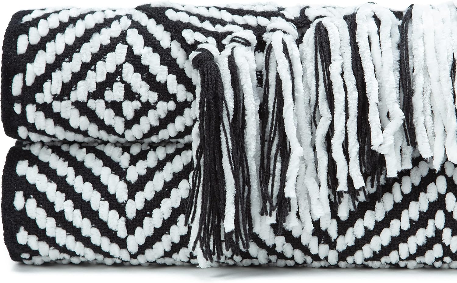 Chanasya Premium Soft Black Chenille Knitted Diamond Textured Decorative Throw Blanket - Geometric Lightweight Luxury Fuzzy Decor with Tassels for Couch Sofa Chair Bedroom Living Room (50x65 Inches)