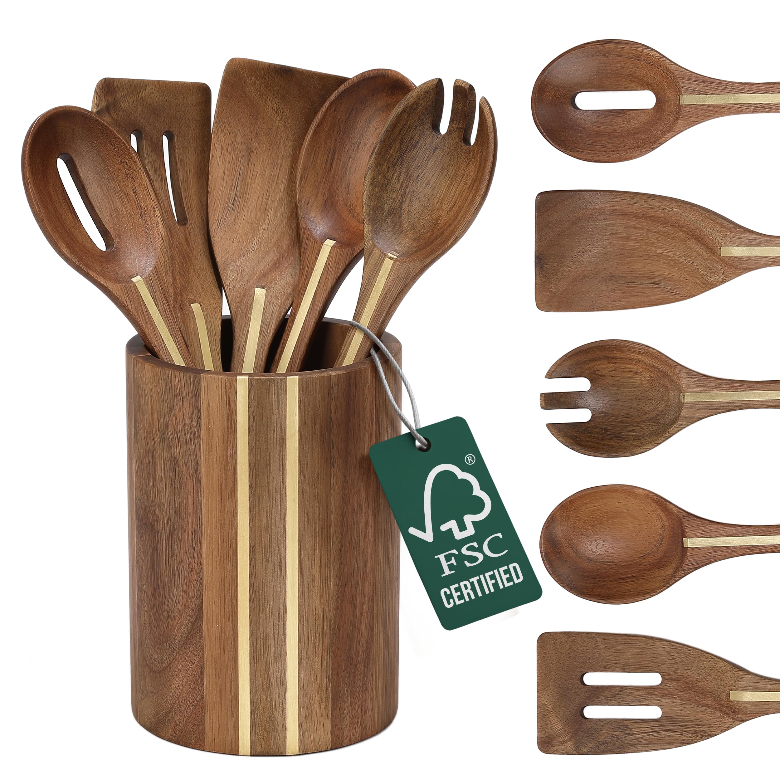 Acacia Utensil Set of 5 with Holder – Premium Wooden Cooking Utensils, Eco Friendly Acacia Wood Spatula &amp; Spoon Set, Nonstick Safe Kitchen Tools