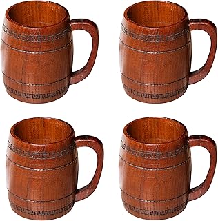Wooden Beer Mug for Man Woman - 4 pcs Vintage Beer Viking Stein Cups, 12 oz Handmade Wood Camping Barrel Gift for Dad Friend Family Drink Coffee Tea