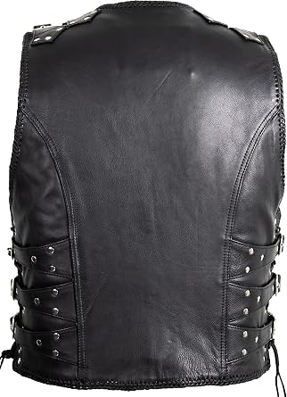 Men's motorcycle leather vest with adjustable buckles in black