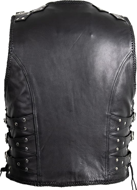 Men's motorcycle leather vest with adjustable buckles in black