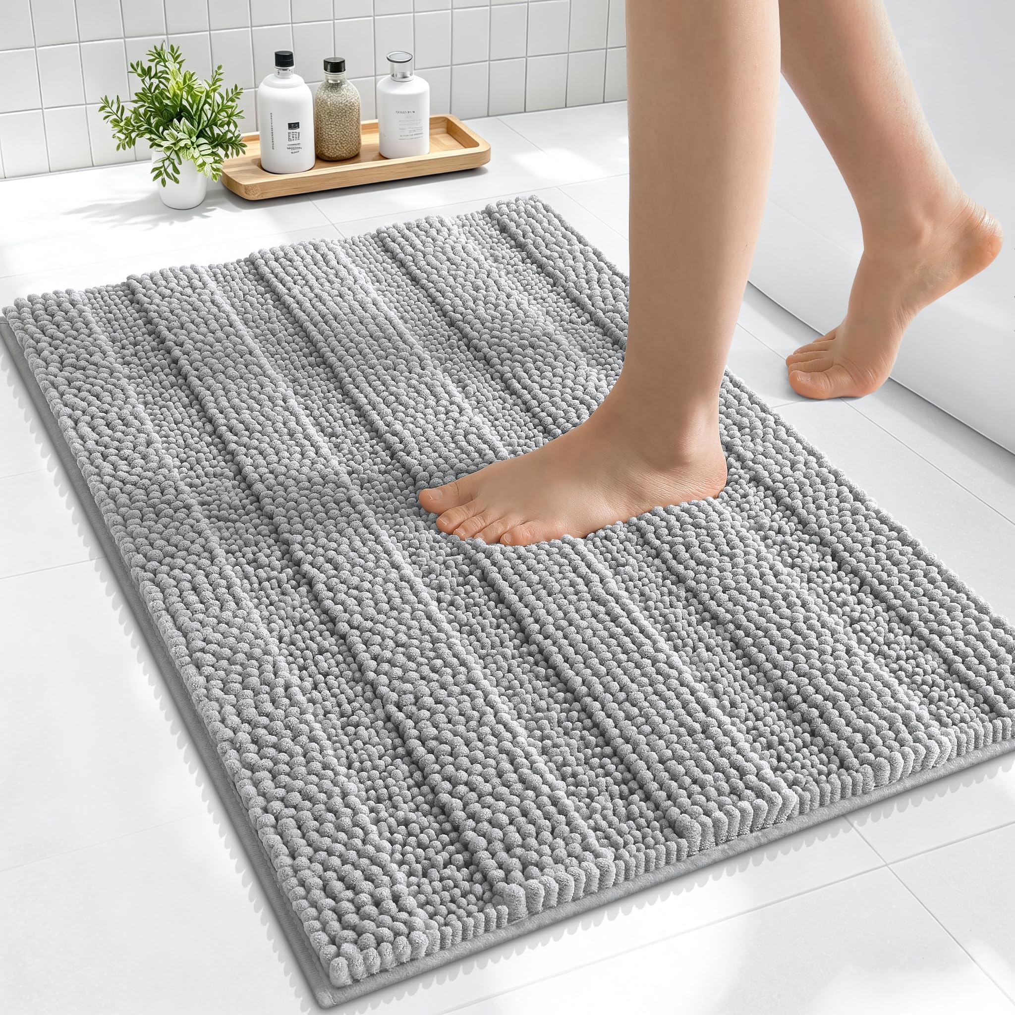 Smiry Thick Small Chenille Bathroom Rugs 24x16, Soft Bath Mat, Light Grey