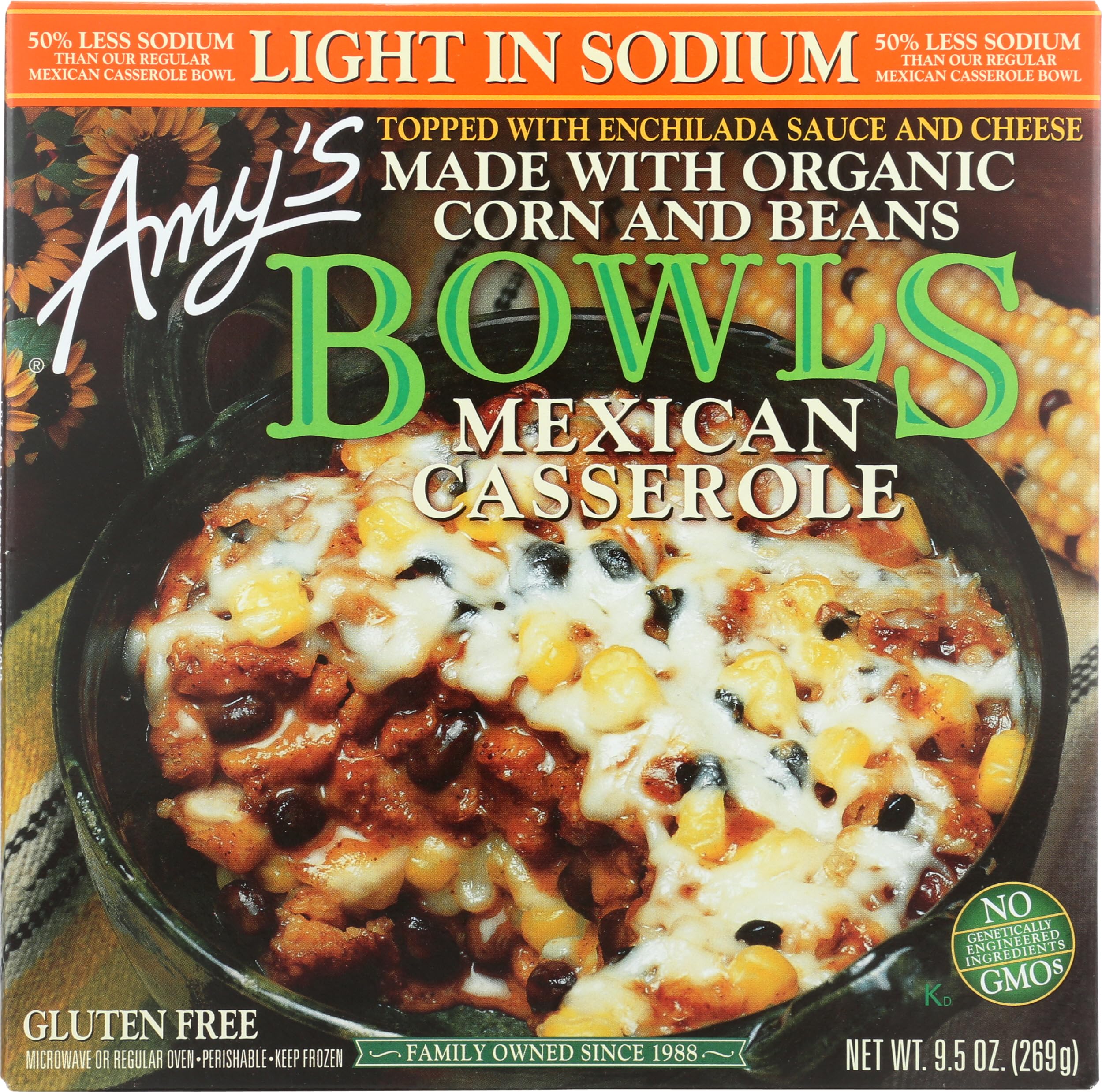 Amy's Frozen Meal, Gluten Free, Mexican Casserole Bowl, Made with Organic Tomatoes, Corn and Black Beans, Light in Sodium, 9.5 oz.