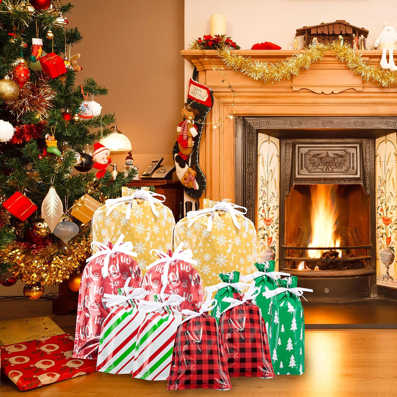 JOYIN 36 PCS Christmas Drawstrings Bag Christmas Wrapping Gift Assorted Styles for Christmas Party Xmas Holiday, Party Favor, Wrap Gift Bags