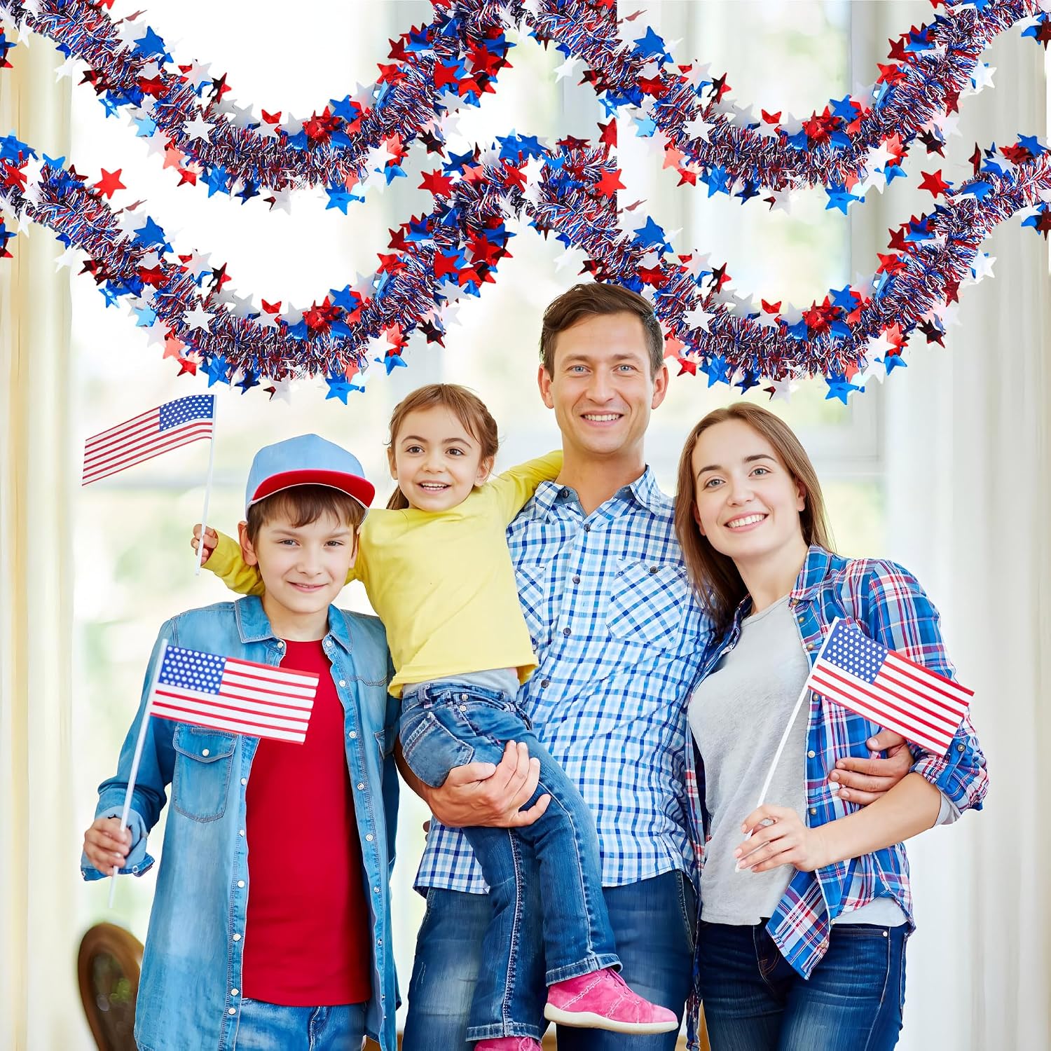 60 Ft 4th of July Tinsel Garland Red White Blue Star Metallic Tinsel Twist Garland Patriotic Glitter Metallic Hanging Decoration for Independence Day Veterans Day Home Party Indoor Outdoor Decor