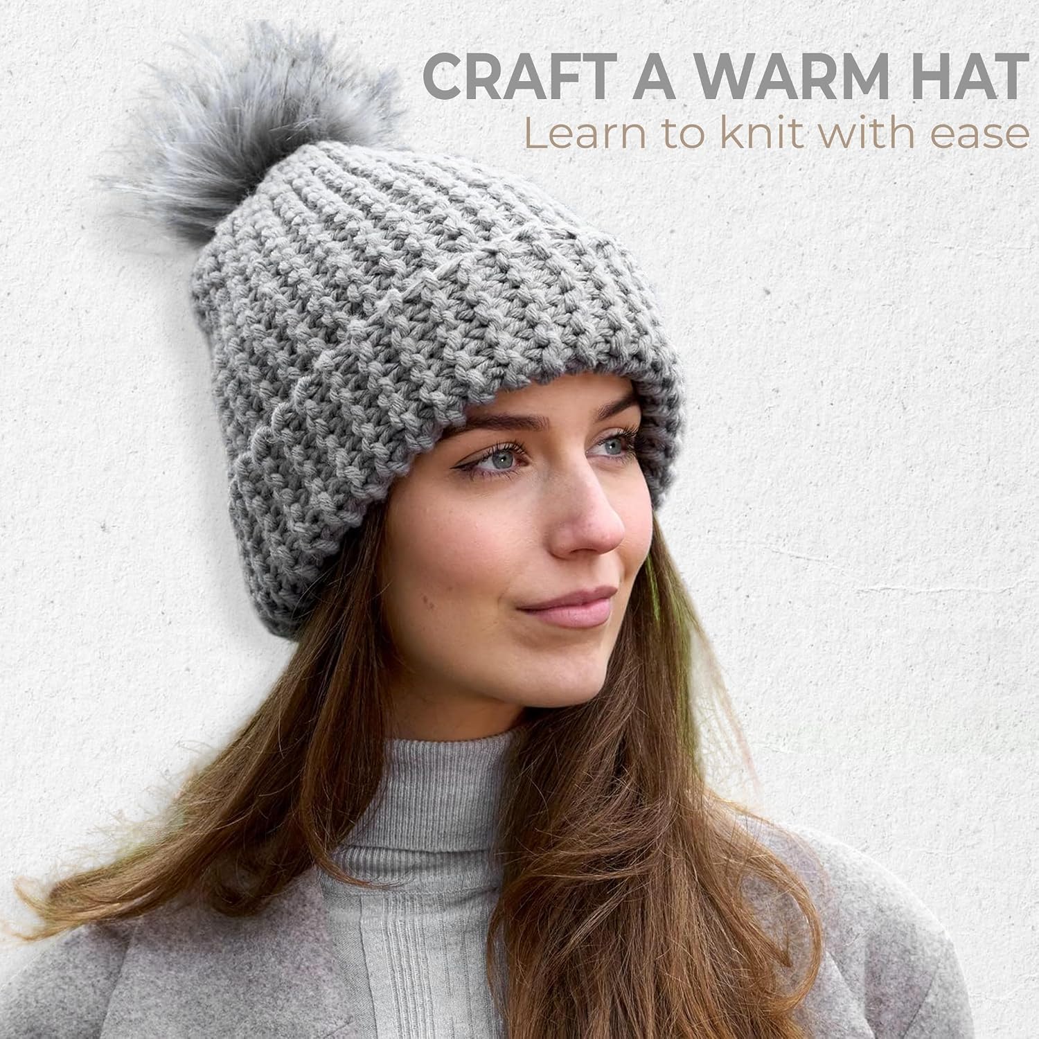 Knitting Kits for Beginners Adults – Practical and Easy to Use Hat Knitting Kit with Yarn, Bamboo Knitting Needles, Faux Pom Pom – Complete Beginners Knitting Kit – Lovely Present for Women and Men