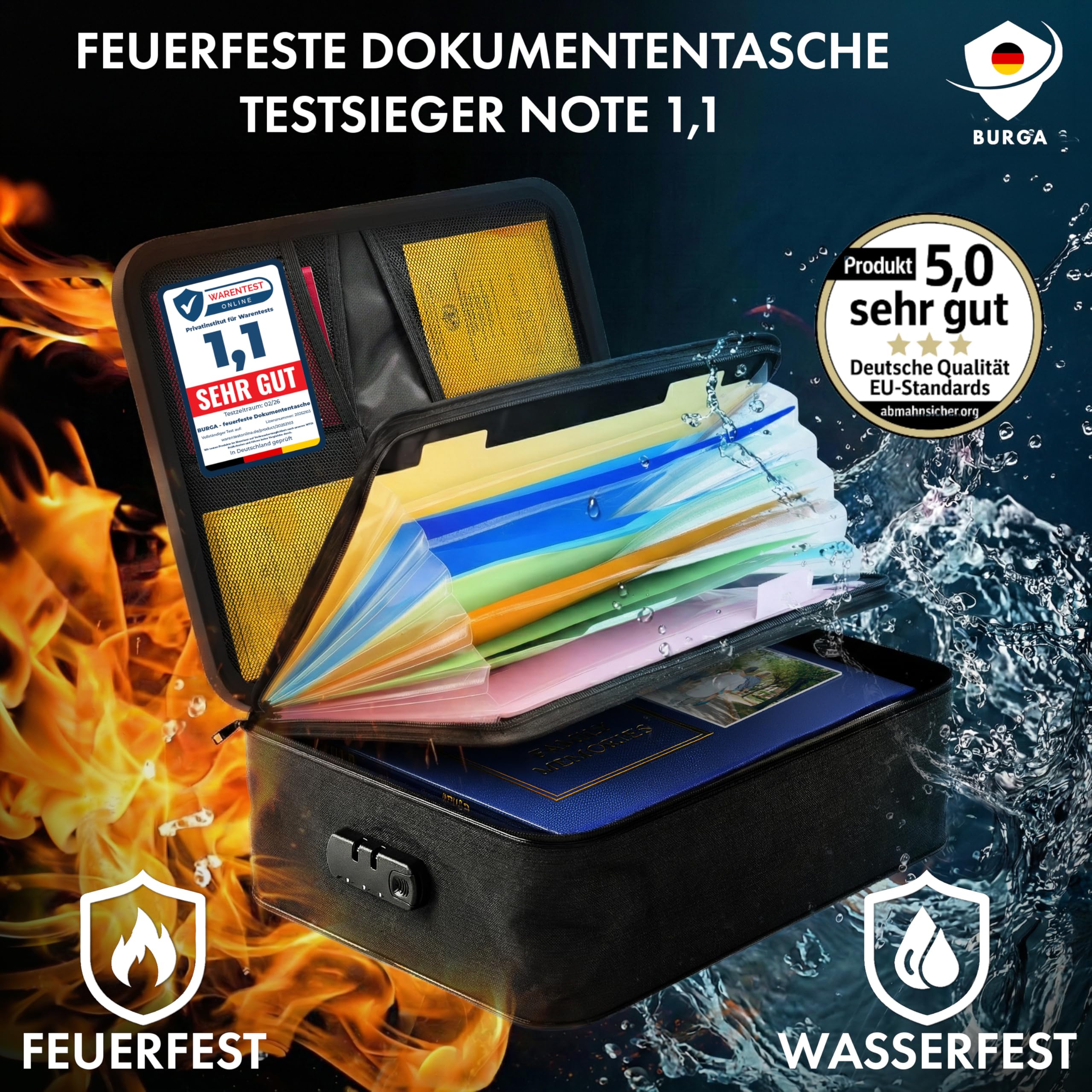 Feuerfeste Dokumentenbox Dokumententasche [TESTSIEGER 1,1] | Wasserdicht & Feuerfest | Feuerfeste Box mit Schloss Tasche A4 Dokumentenmappe Aktenkoffer Notfallordner ideal als Notfall Ausrüstung