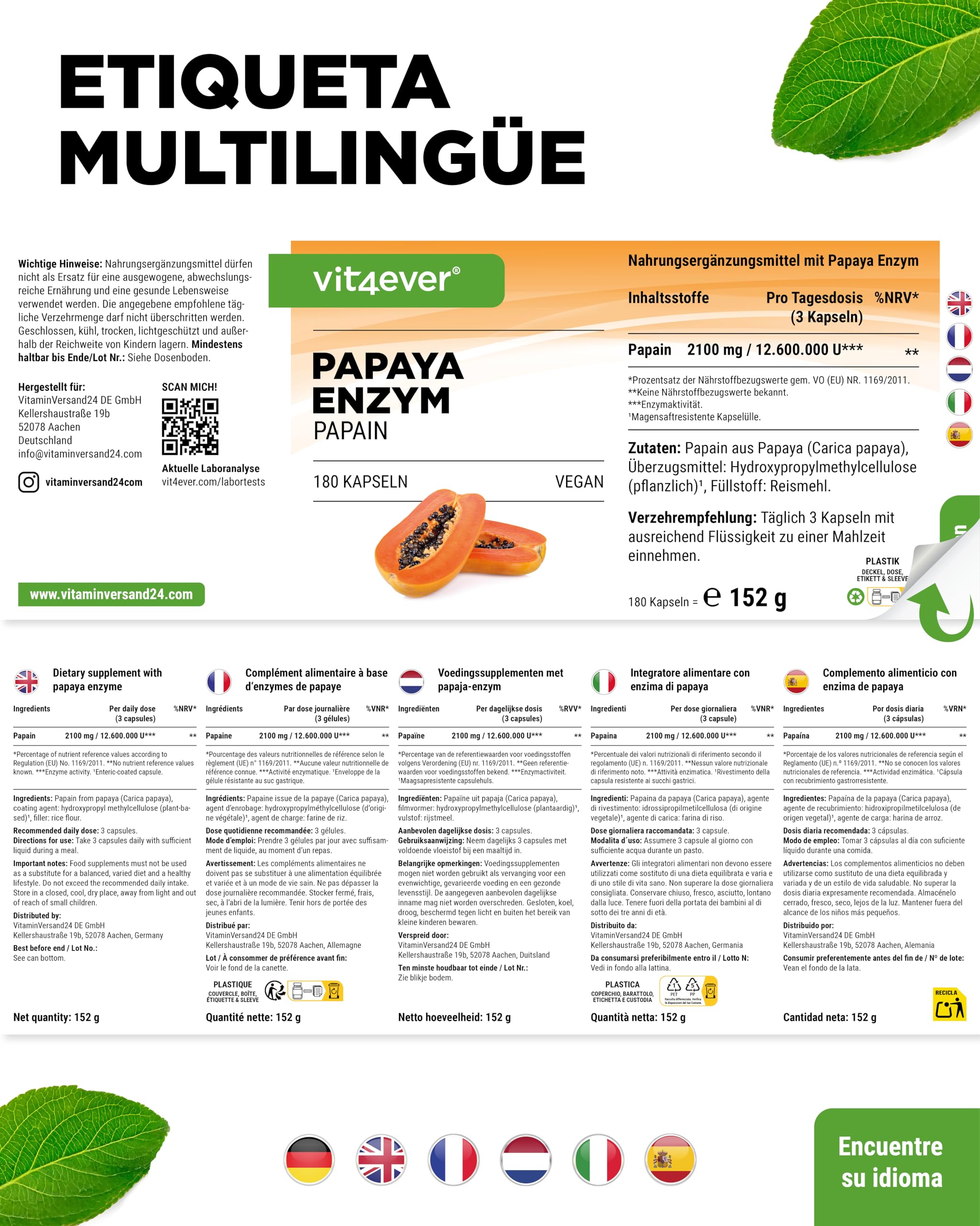 vit4ever Enzima de Papaya de Alta Dosis - 2100 mg de Papaína de Papaya - 12.600.000 U de Actividad Enzimática - 180 Cápsulas Veganas Gastrorresistentes - Sin Aditivos Innecesarios
