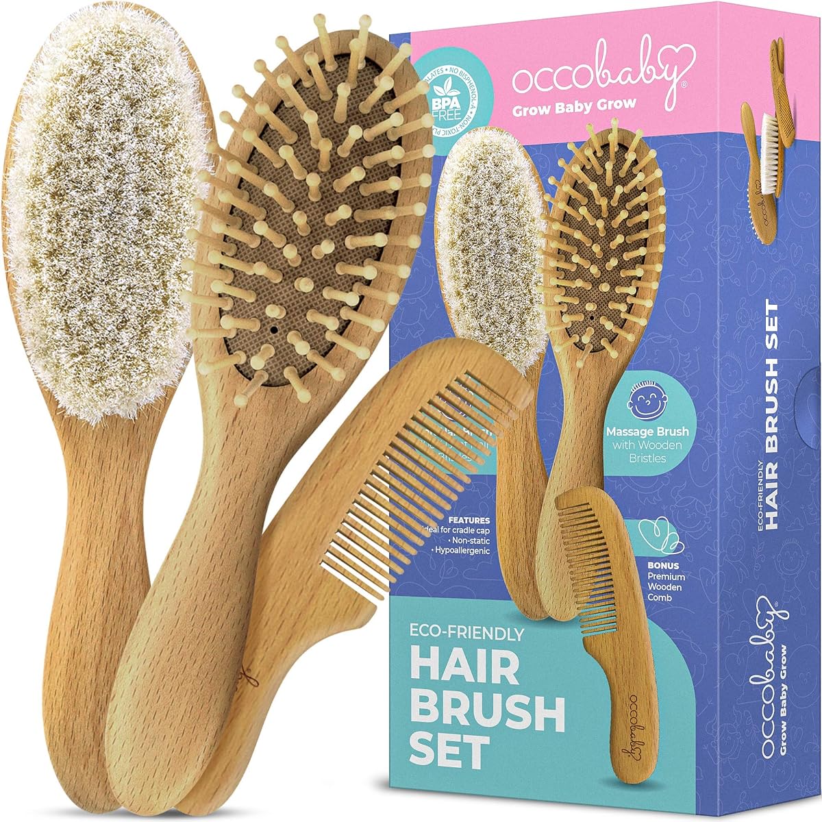 Best Baby Wooden Hair Brush and Comb Set for Newborns & Toddlers | Natural Soft