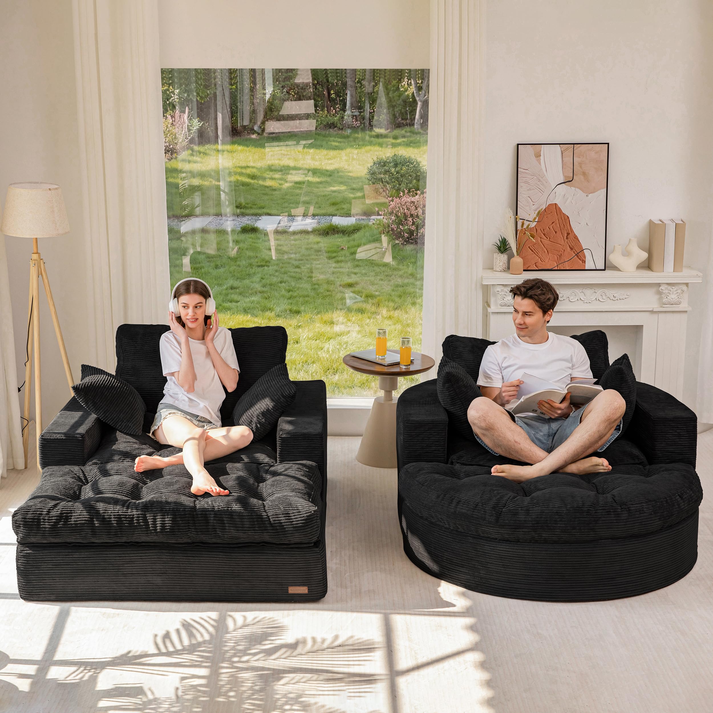 MAXYOYO Modular Sectional Chaise Lounge Sofa, 2 Sets Upholstered Lounge Chair with Ottoman, Comfy Round+ Square Couch with Layered Cushion, Tufted Chair for Living Room, No Assembly, Black