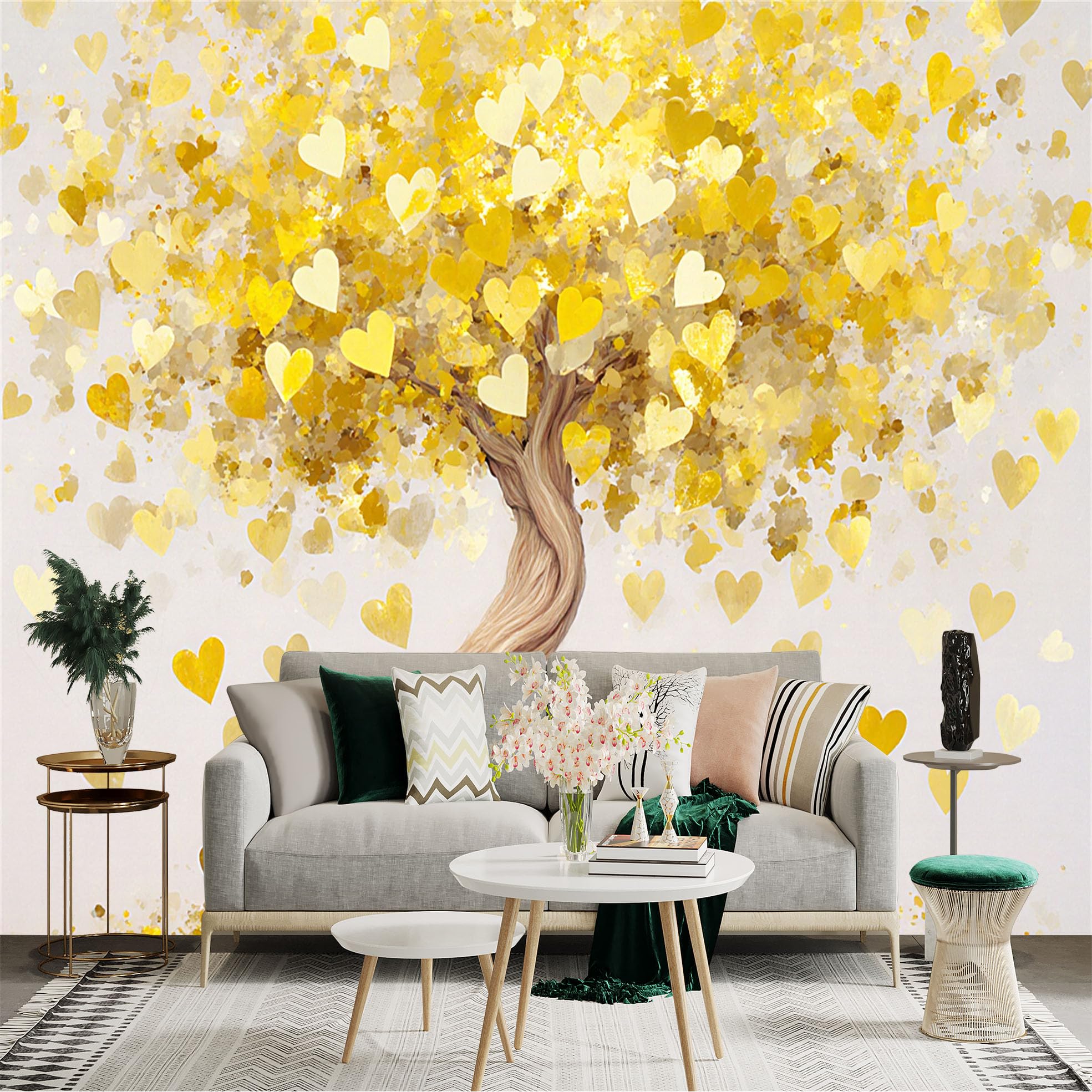 Custom Size Wall Sticker Mural， Golden Tree with Floating Heart Leaves， Romantic Botanical Art， Modern Home Decor， for wall Decoration， peelandstick wall Decals.