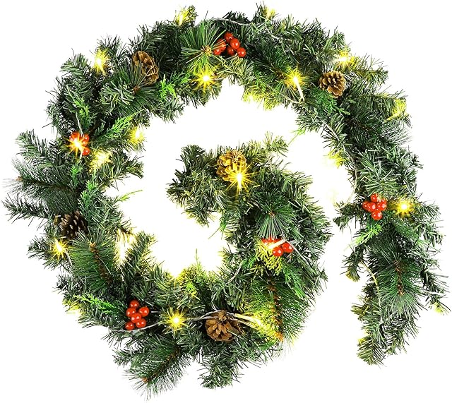 Cooraby Pre-lit Christmas Decorated Garland with LED Lights 5.9 Feet Christmas Artificial Wreath Garland with Cones and Berries for Holiday Christmas Stairs Fireplaces Decor