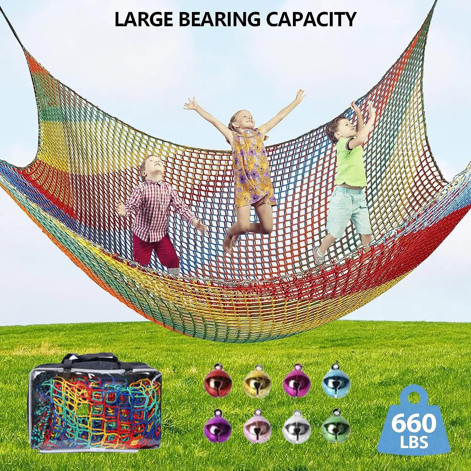 Rete Da Arrampicata Per Parco Giochi,3x3m Doppio Strato Rete Protezione Di Sicurezza Per Bambini,Adatto Per Uso Esterno e Interno,Include Una Borsa Portaoggetti,4 Ganci e 8 Campanelli(Arcobaleno)