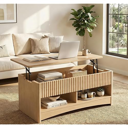 Marsail Lift Top Coffee Table with Open & Hidden Storage, Modern Fluted Coffee Table with Smooth Lift Mechanism, Sturdy Space-Saving Center Table for Home Living Room, Office, Natural Oak