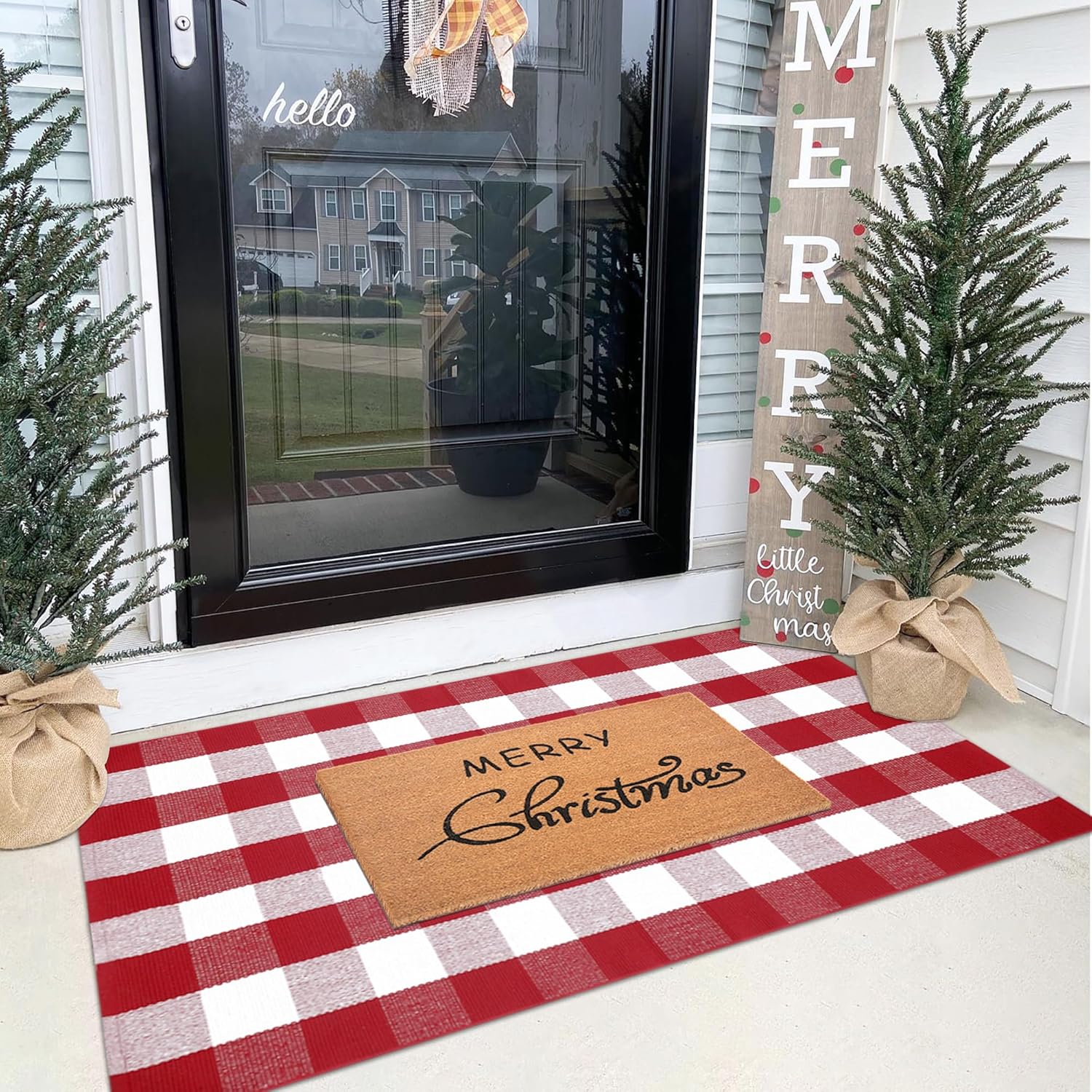 christmas door mat combo set - 100% coco coir welcome mat + 3' x 5' red and white plaid rug, christmas new year holiday collection doormat for front porch entryway decorative 60"l x 36"w red and white plaid