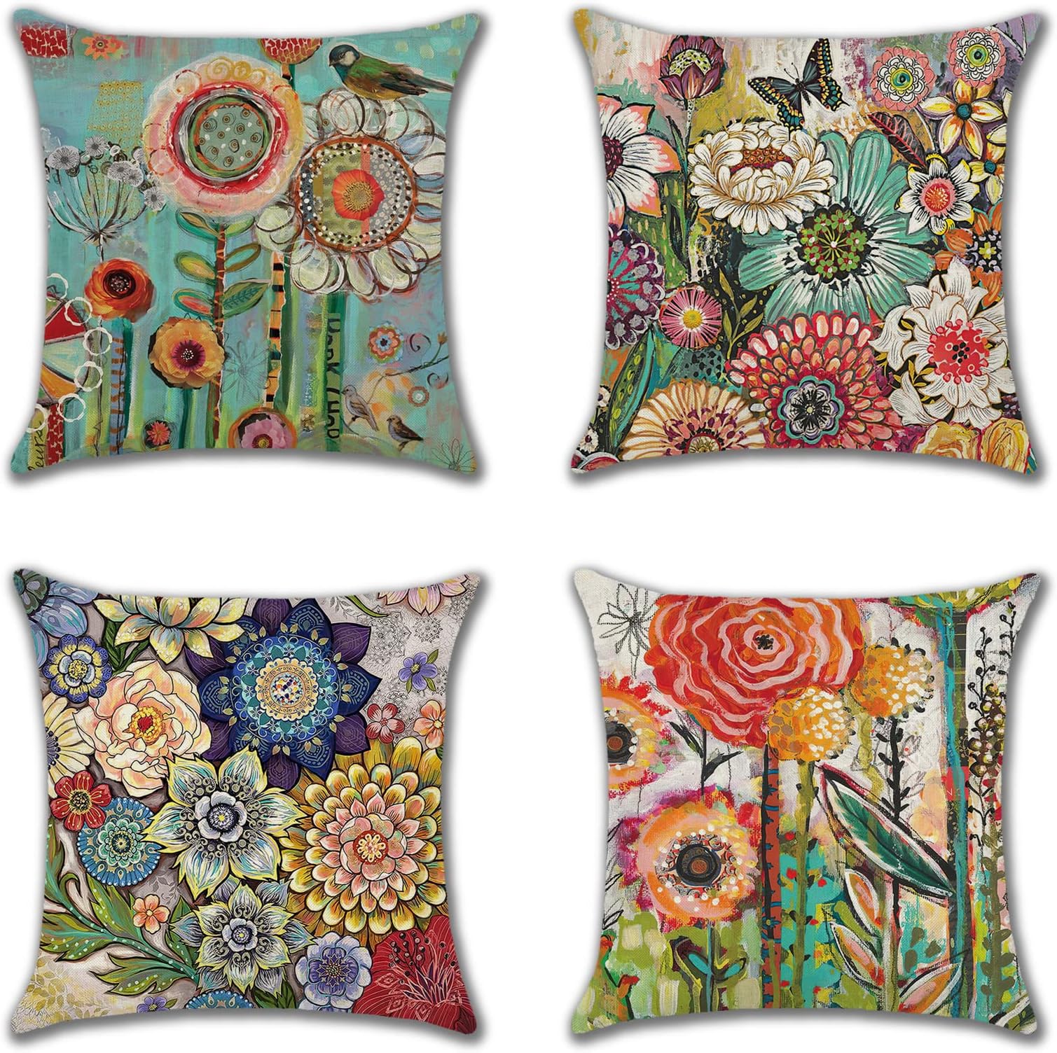 JOTOM Set of 4 Floral Throw Pillow Covers 18x18 Inch Summer Decorative Square Cushion Covers 45x45 cm Sofa Colorful Flowers Cushion Cases for Outdoor Home Bed Couch Farmhouse Decor (Colorful Flowers)