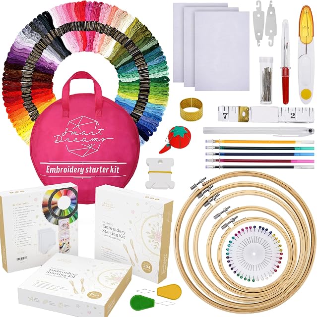 Smart Dreams Embroidery Kit for Beginners - 204-Piece Cross Stitch Kits - 5 Bamboo Embroidery Hoops, 100 Colours Embroidery Thread, 3 Aida Cloths, Accessories, Gift Box - Starter Kit for Kids & Adults