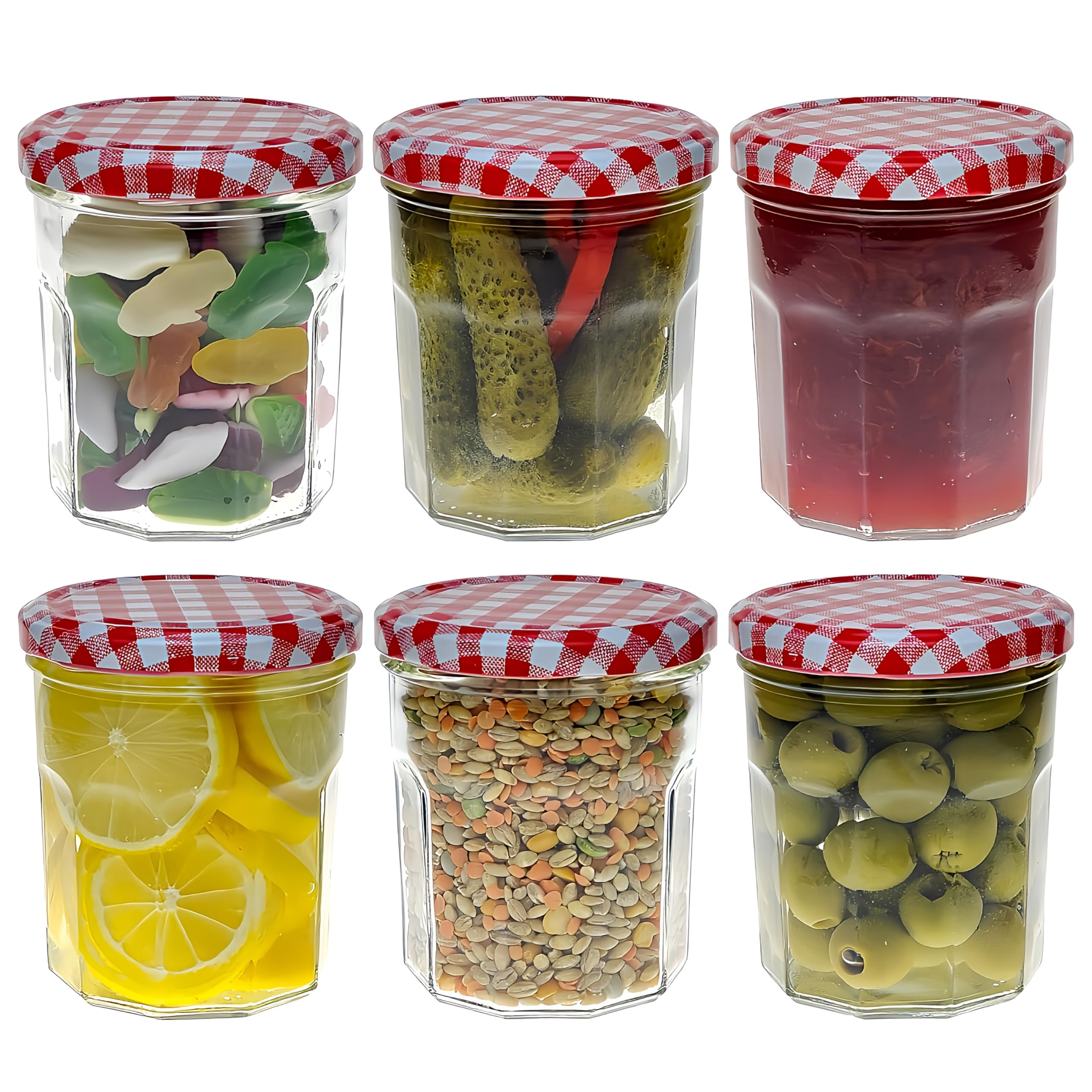 COS 6 X Glass Pot Menage Jar 324ml | Jam Jars | Set of 12 | Wide Mouth Glass Preserve Pots | Screw Top Red Gingham Lids | Airtight Pickle Jars | Homemade Jam, Marmalade & Chutney Jar, Clear…, ?324ML