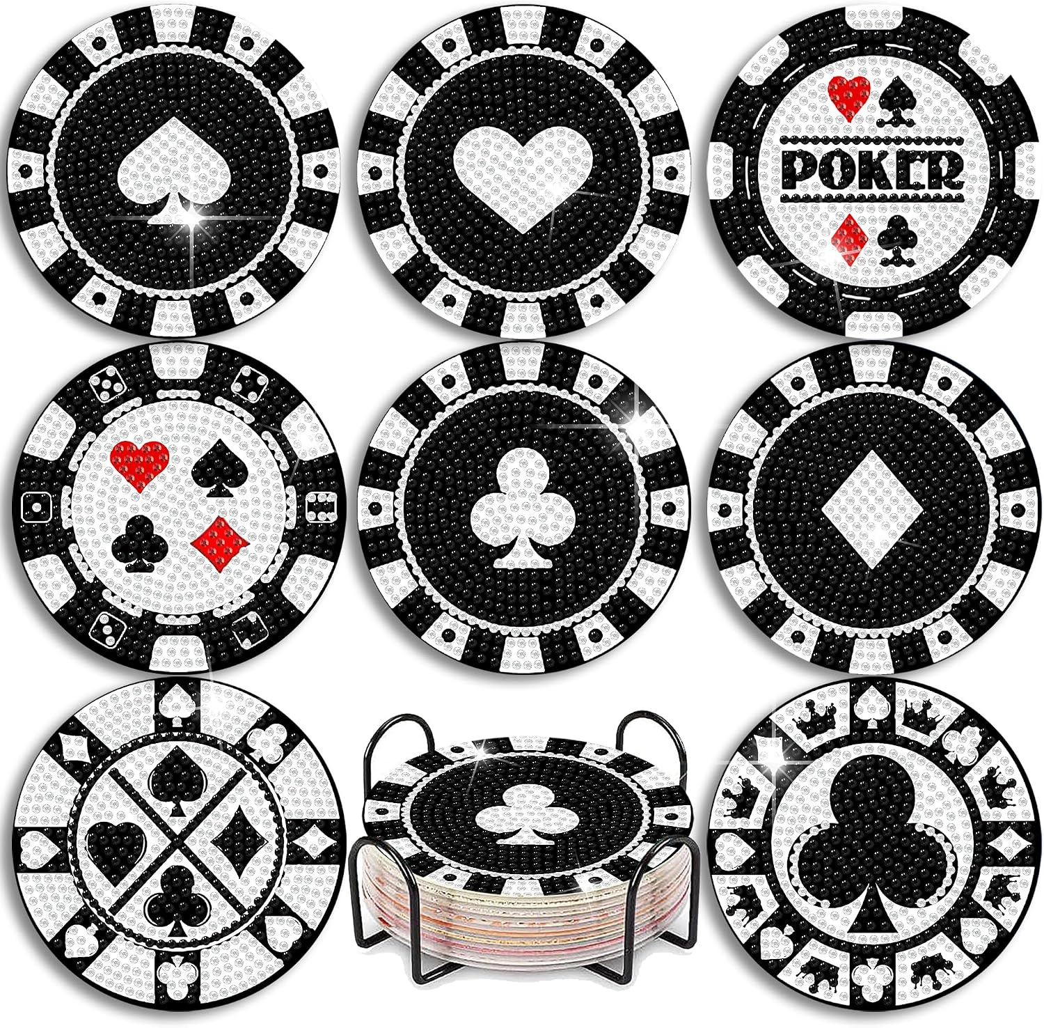 AuraDraw 8 Pcs Poker Diamond Art Coasters Kits with Holder, Black Diamond Painting Coasters for Adults, DIY 5D Diamonds Dot Small Mini Kit Full Drill Art Craft Supplies 4X4 Inch