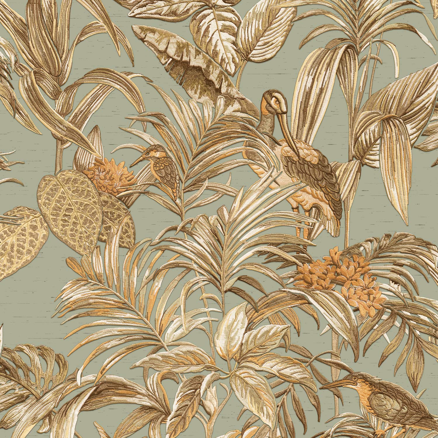 Design ID Bird of Paradise Aqua & Gold Wallpaper - Botanical Pattern - Heavyweight Vinyl - Washable & Peelable