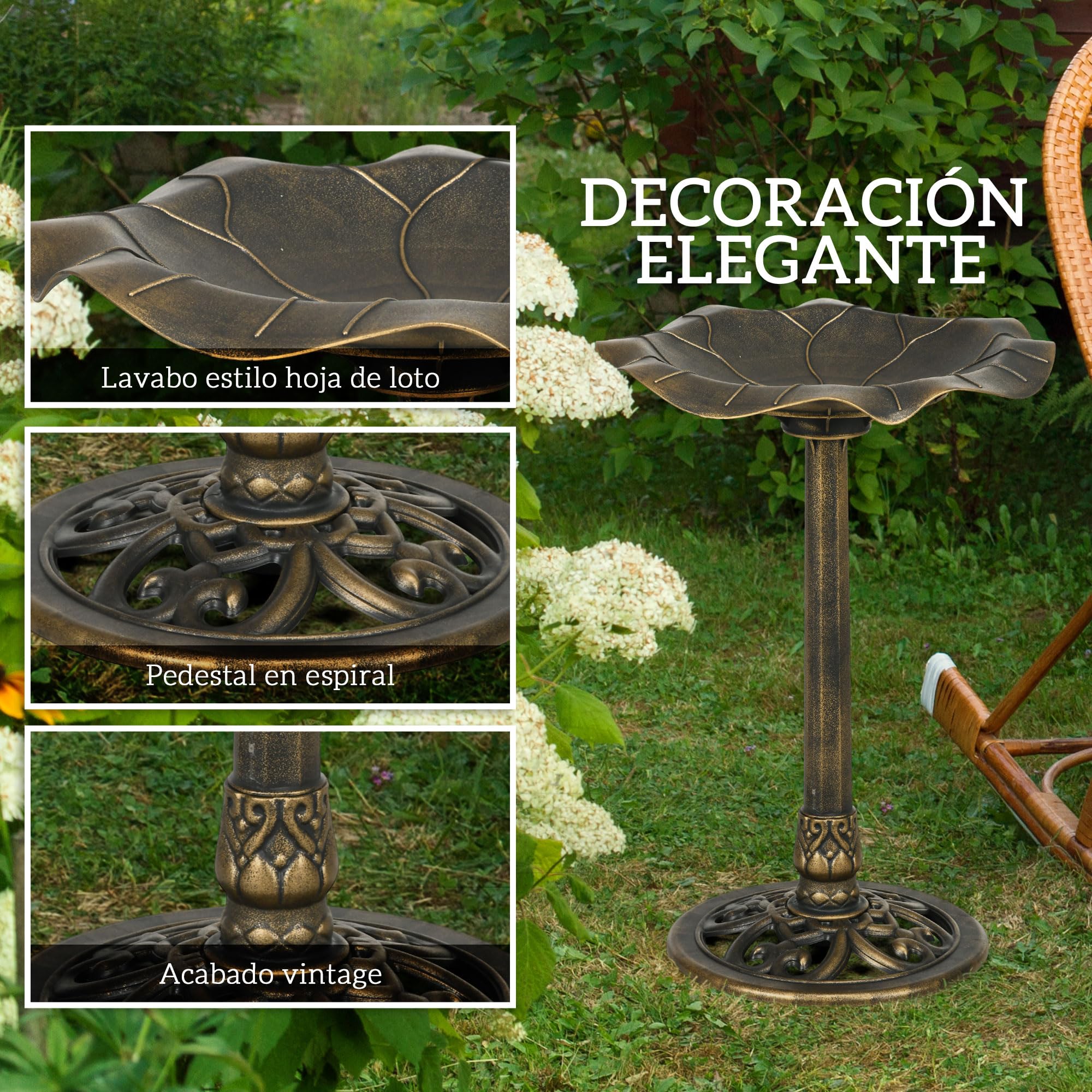 Outsunny Baño para Pájaros de Jardín al Aire Libre, Altura 71 cm, Comedero para Pájaros con Lavabo Diseño Hoja de Loto y Acabado Envejecido, Ligero y Resistente, Bebedero para Aves, Bronce