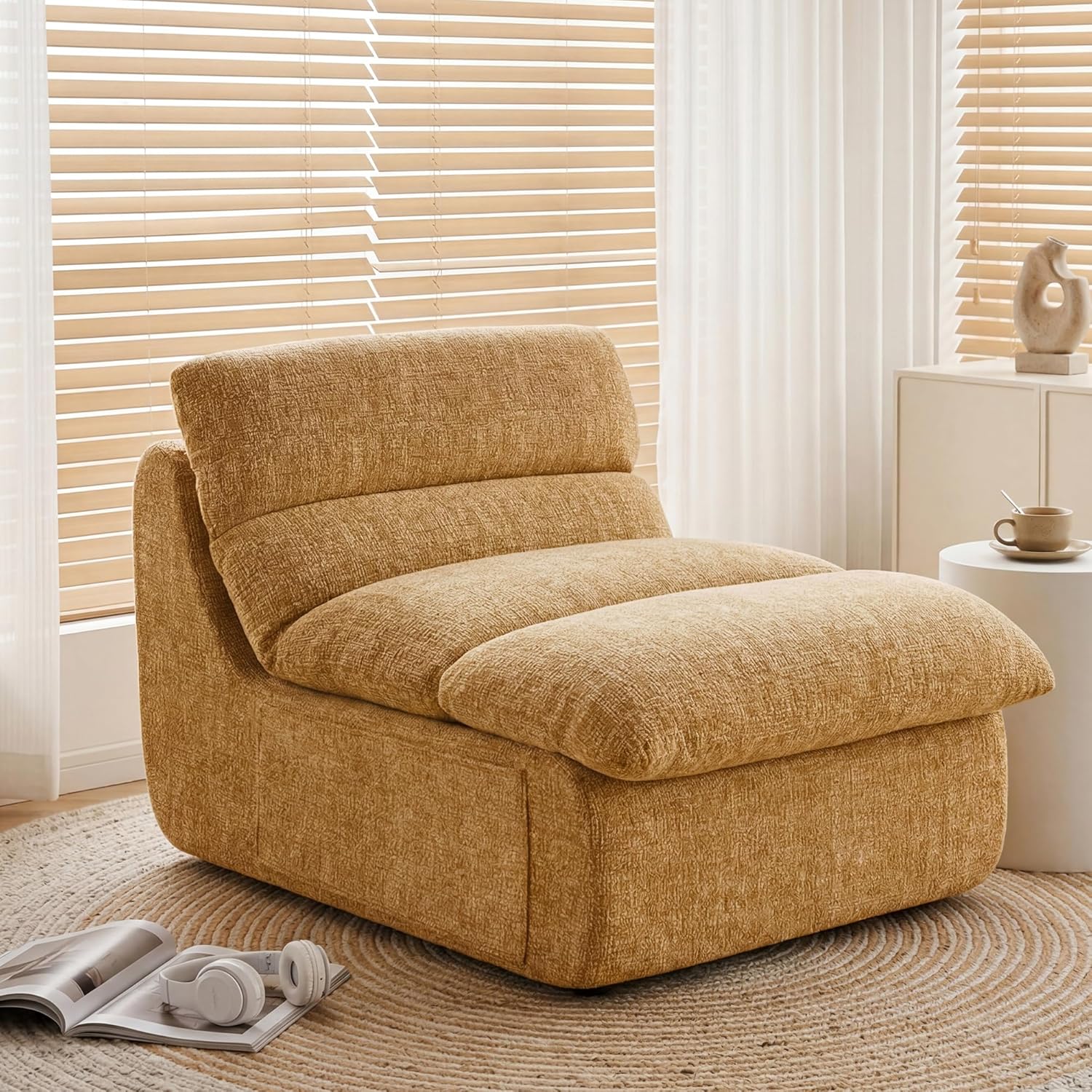 Furnimart Chenille Bean Bag Chair Lazy Sofa, High Density Compression Foam (No Sag), No Assembly, Washable Cover, Ergonomic Support for Adults (Caramel)
