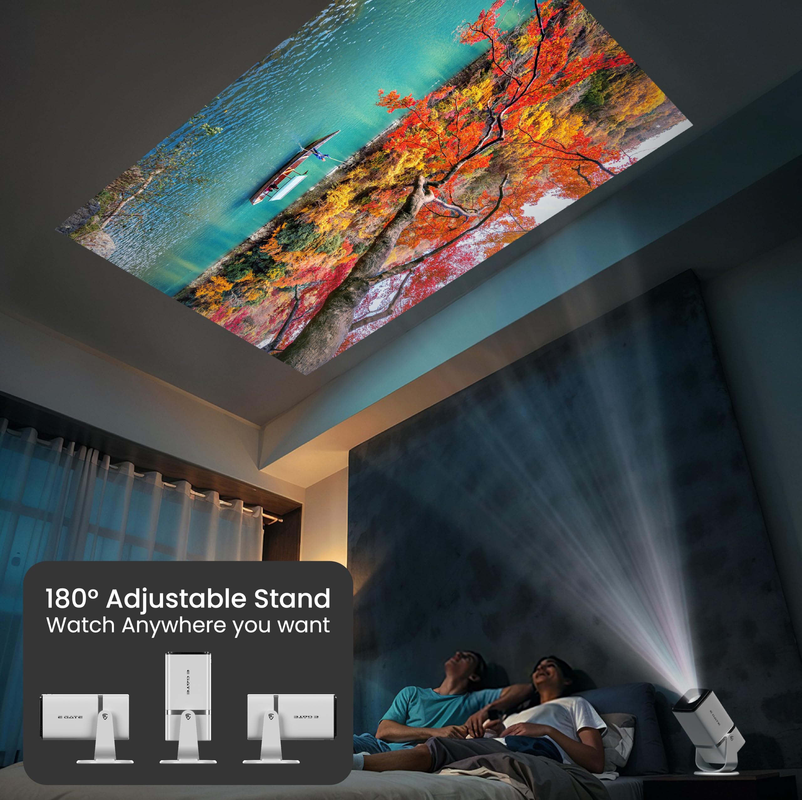 E GATE Atom 3X | Real Full HD 1080p Native, 13.0 Automatic Android Projector | 300 ISO | Rotatable Design | 4K HDR Support | Inbuilt Netflix, Prime | ARC-HDMI, USB, Wifi-6, BT, Screen Mirroring, Egate - Image 8 thumbnail