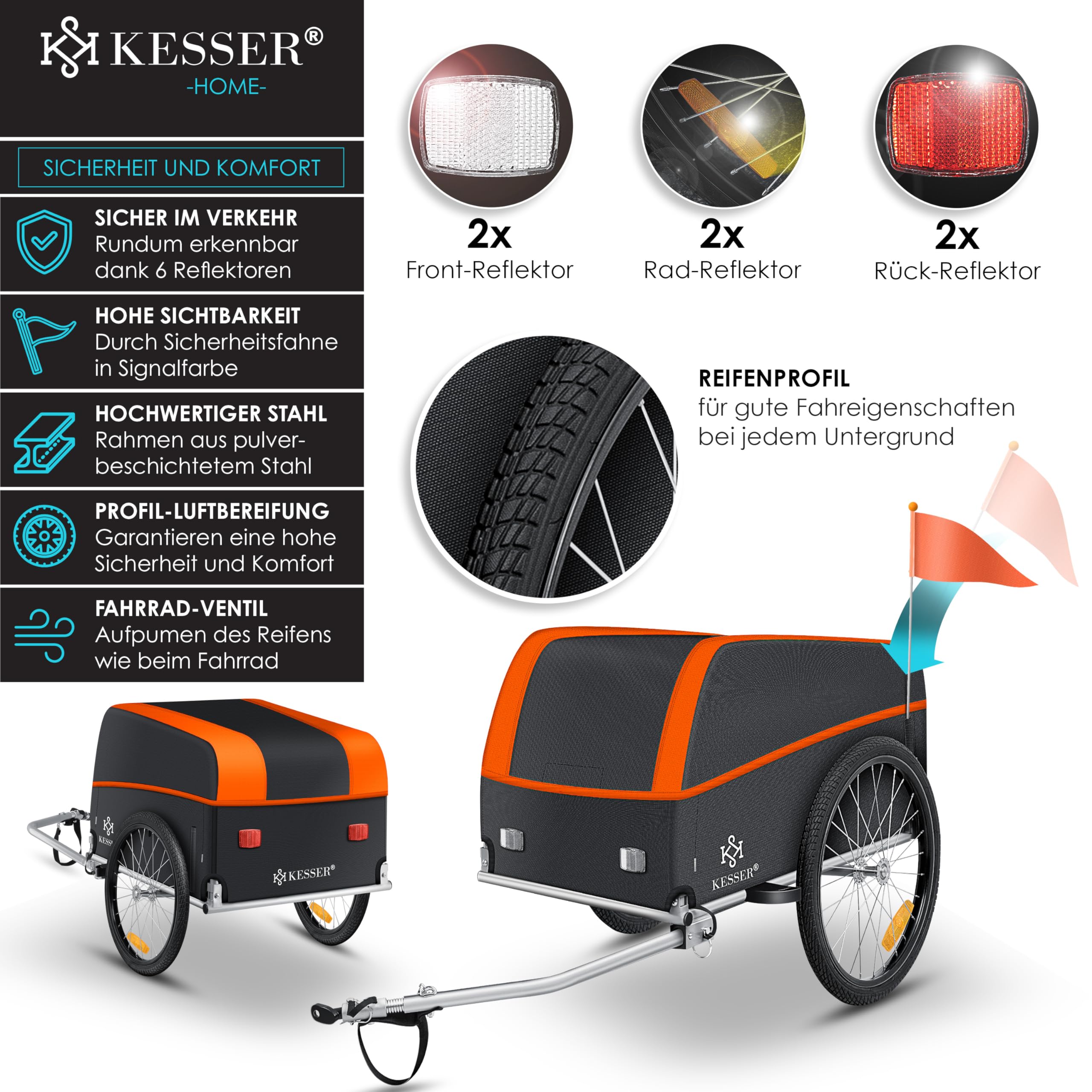KESSER® Fietsaanhanger - Transportaanhanger - Max. 60kg - Zwart