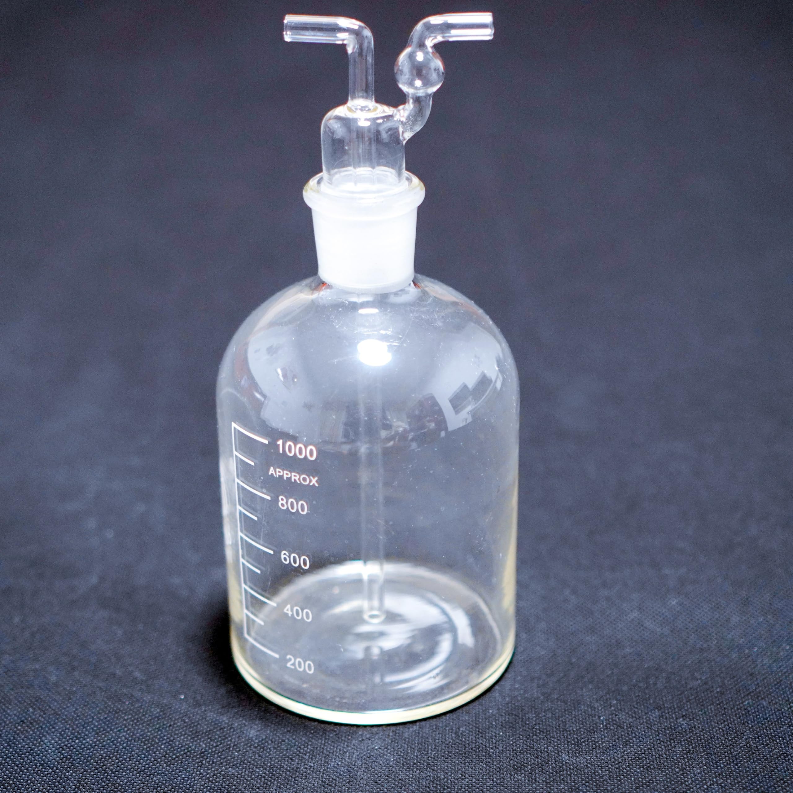 Juego de 1 frasco lavador de vidrio for laboratorio: frascos cilíndricos graduados de 250 ml y 1000 ml for reactivos, con tubos acodados for uso en laboratorio.(1000ml)