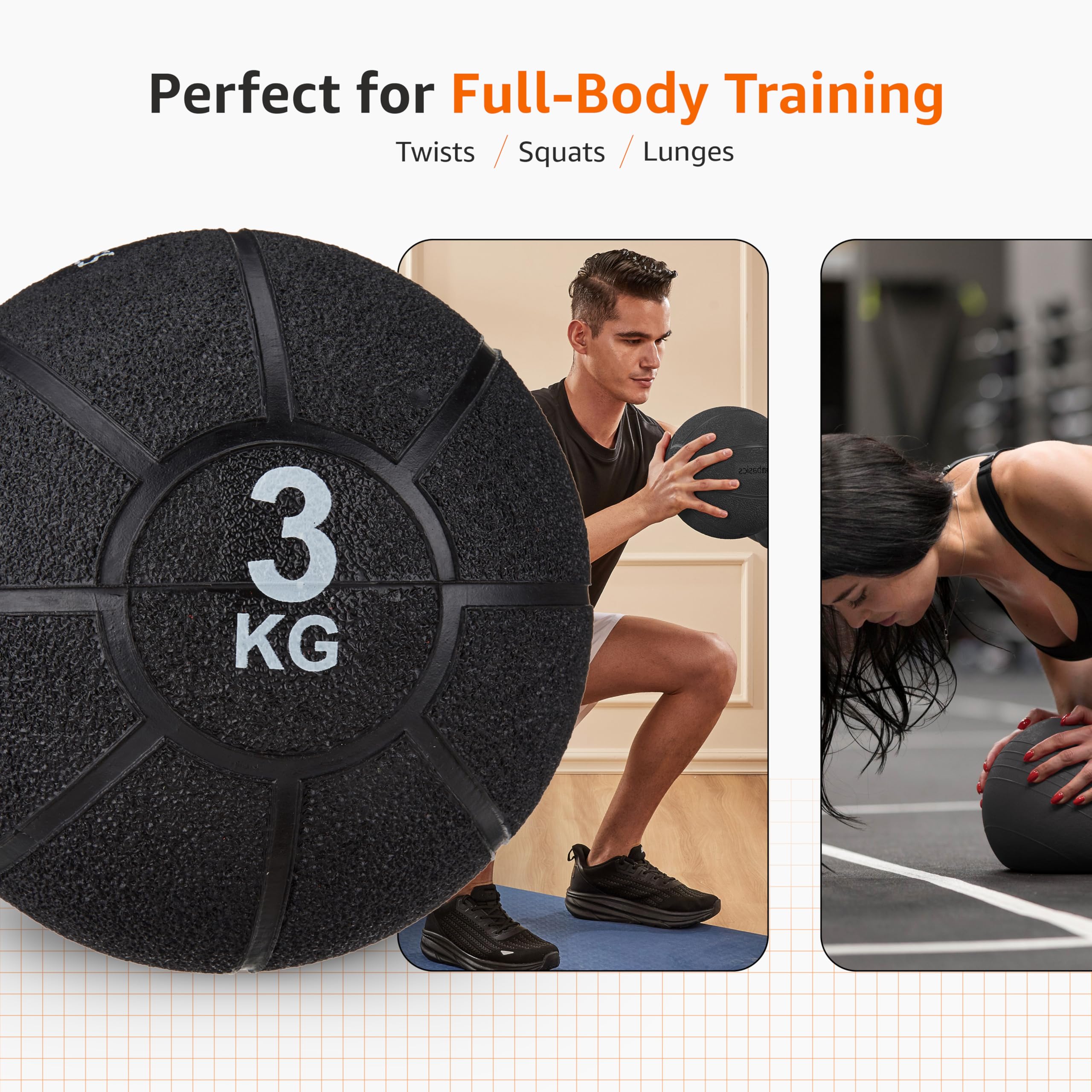 Amazon Basics Rubber Medicine Ball | 3 Kg | for Strength Training, Core Workouts, Endurance Training | Non-Slip Surface | Black 2