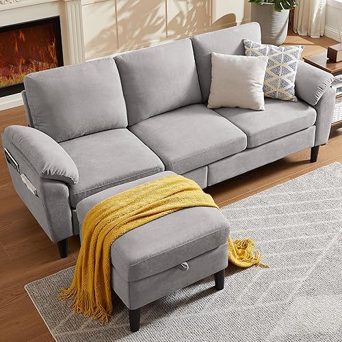 Sofá modular convertible de 79 pulgadas, moderno sofá pequeño en forma de L de lino con diván reversible y otomana de almacenamiento, sofá de 3