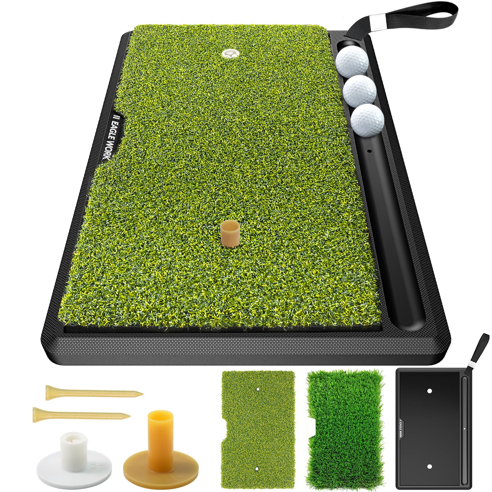 EAGLE WORK 2-in-1 Golf Hitting Mat with Integrated Ball Tray, Heavy Duty Non-Slip Golf Practice Mat, 2 Replaceable Turfs, Golf Training Mat for Swing and Chipping Practice Indoor Outdoor, Golf Gifts
