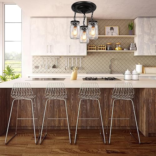 Miniatura 4 de Jasopaco Lámparas de cristal con 3 luces colgantes de techo de montaje empotrado, luces negras de granja para cocina, comedor, vestíbulo, escalera,